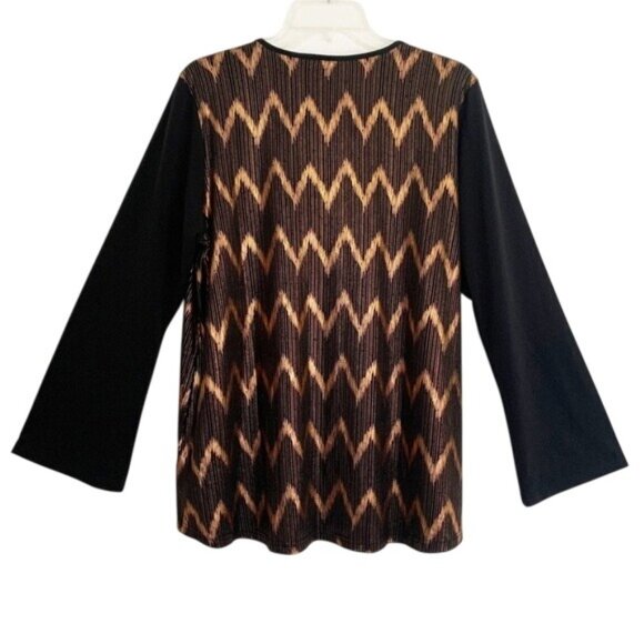 Bob Mackie Wearable Art Black & Gold Metallic Chevron Print Blouse Womens Size L - Picture 2 of 8